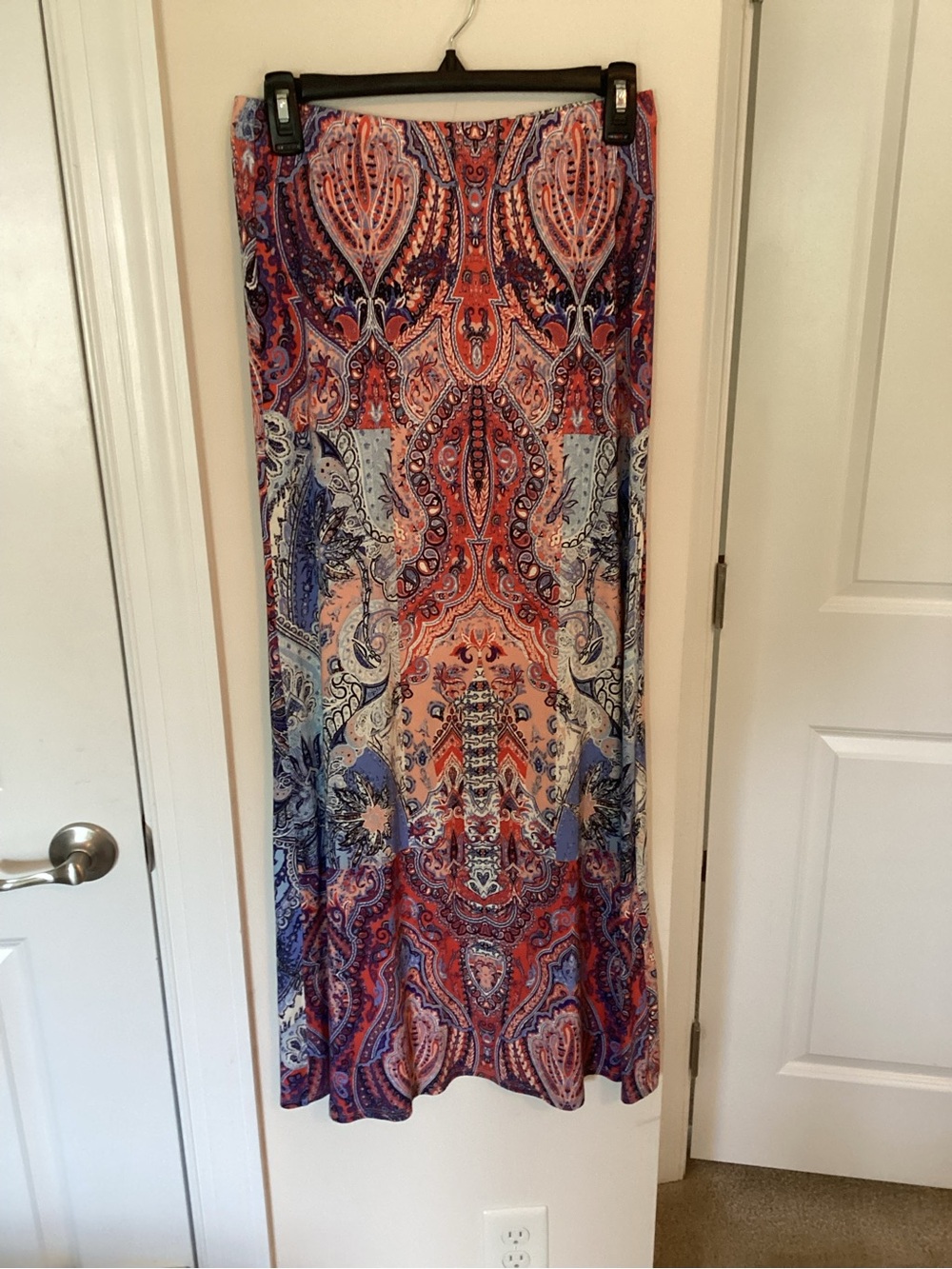 Karen Kane Multicolor Paisley Maxi Skirt in Coral, Navy & Cream